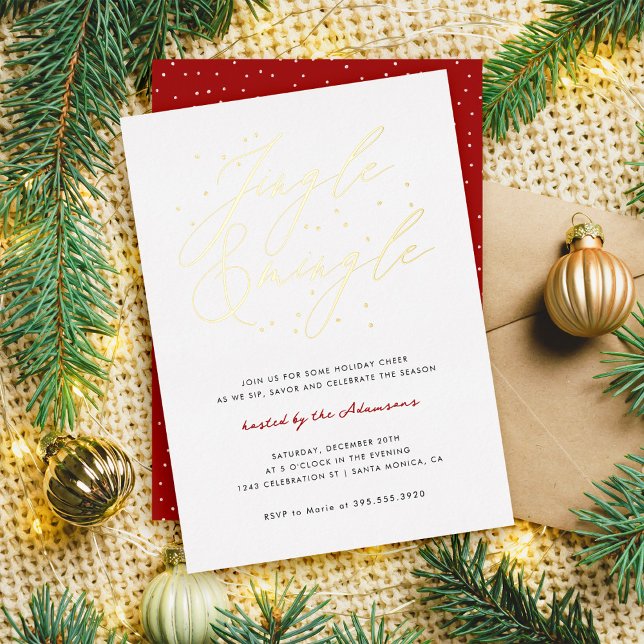 Chic Calligraphy Jingle & Mingle Christmas Party Foil Invitation (Creator Uploaded)