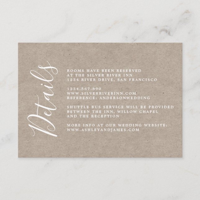 Chic Calligraphy Kraft Paper Wedding Details Enclosure Card (Front)