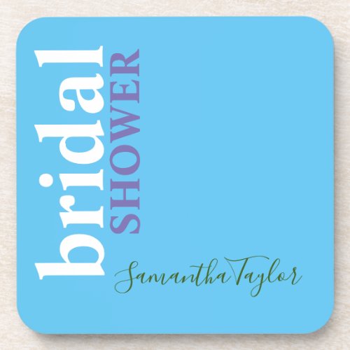 Chic Calligraphy Minimalist Bridal Shower Blue Beverage Coaster