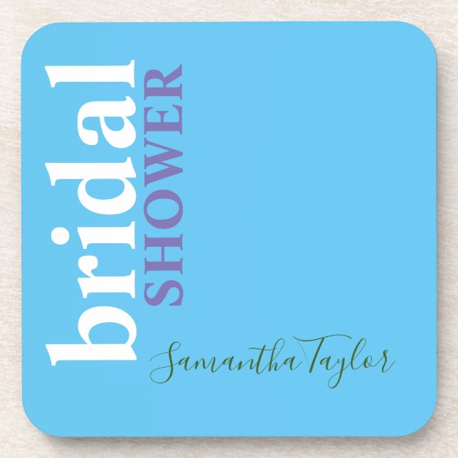 Chic Calligraphy Minimalist Bridal Shower Blue Beverage Coaster (Front)