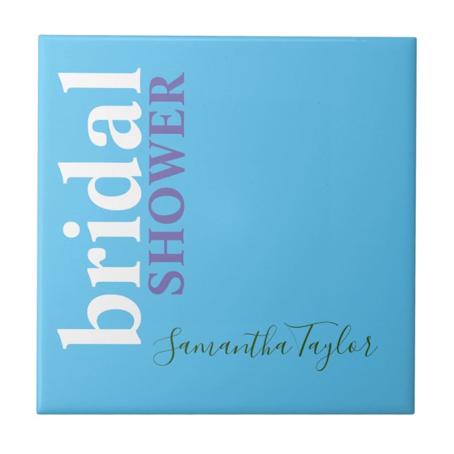 Chic Calligraphy Minimalist Bridal Shower Blue Ceramic Tile (Front)