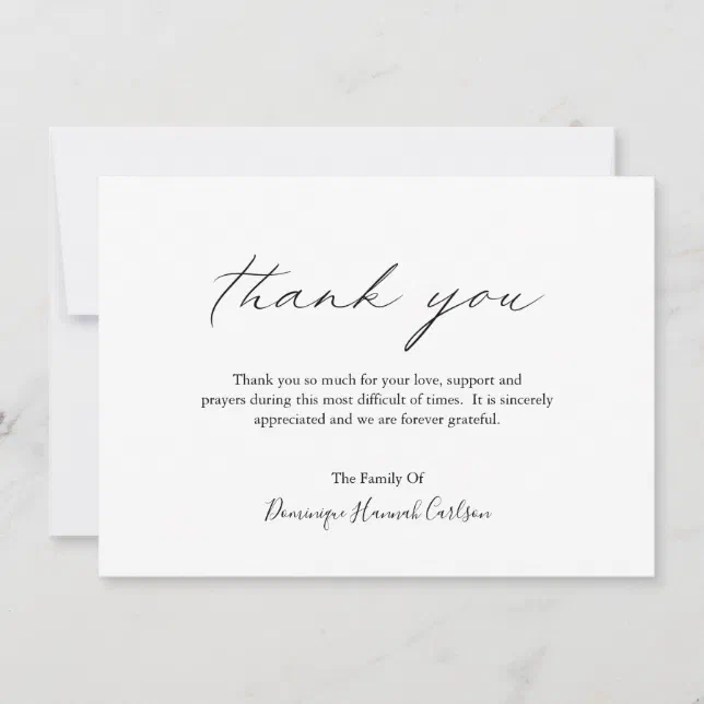 Chic Calligraphy Minimalist Simple Elegant Funeral Thank You Card | Zazzle