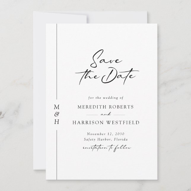 Chic Calligraphy Monogram Black and White Wedding Save The Date (Front)