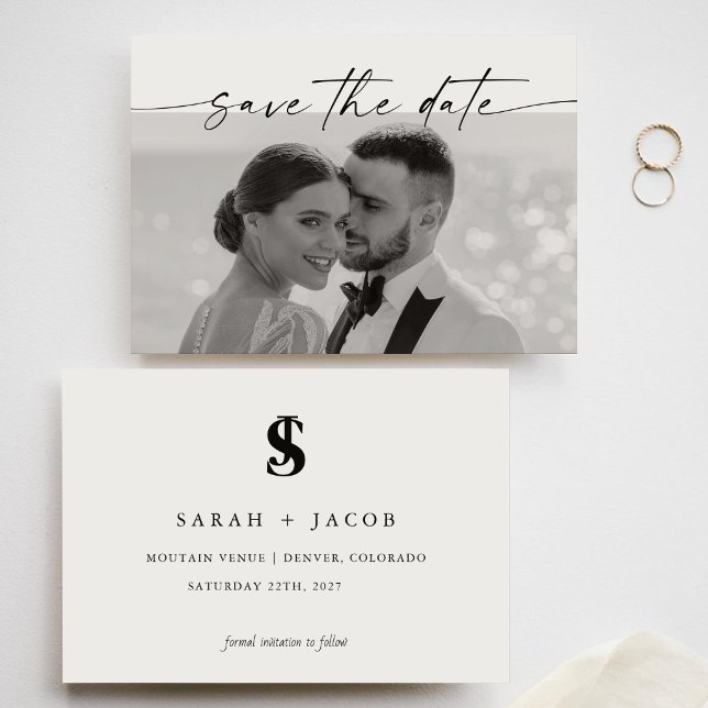 Chic Calligraphy Monogram Horizontal Wedding Photo Save The Date (Creator Uploaded)
