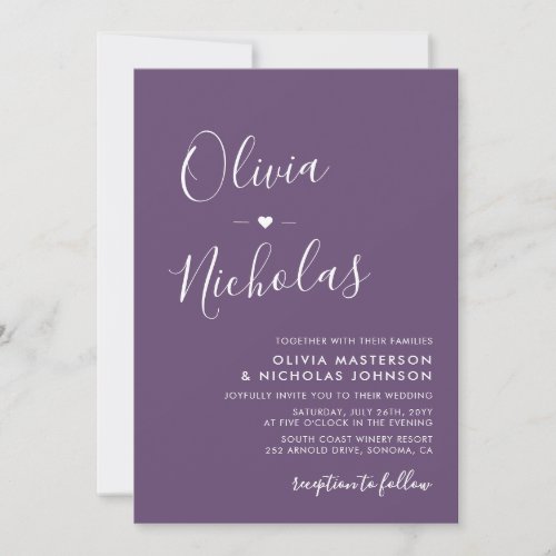 Chic Calligraphy Monogram Purple QR Code Wedding Invitation