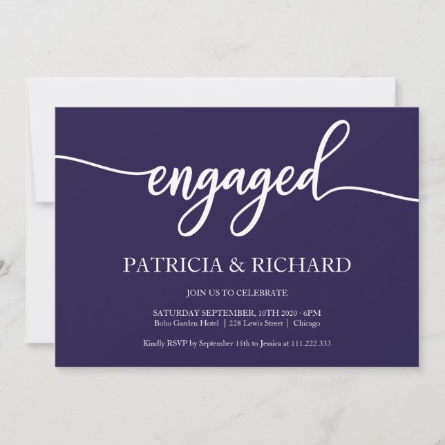 Chic Calligraphy Navy Blue Engagement Party Invitation (Front)
