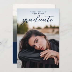 Chic Calligraphy Navy Blue Two Photo Graduation Invitation