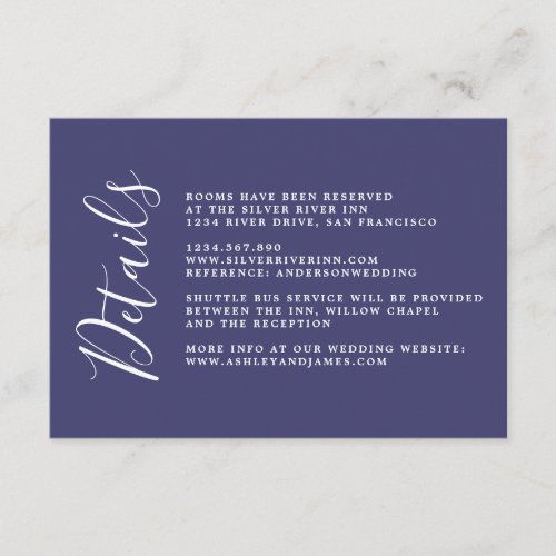 Chic Calligraphy Navy Blue Wedding Details Enclosure Card