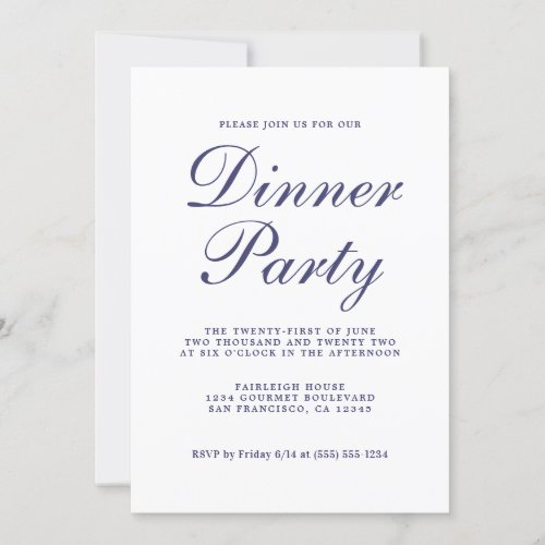 Chic Calligraphy Navy Blue White Dinner Party Invitation
