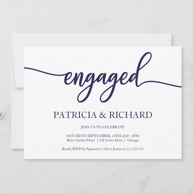 Chic Calligraphy Navy Blue White Engagement Party Invitation (Front)