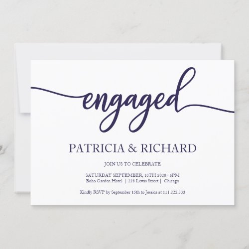 Chic Calligraphy Navy Blue White Engagement Party Invitation