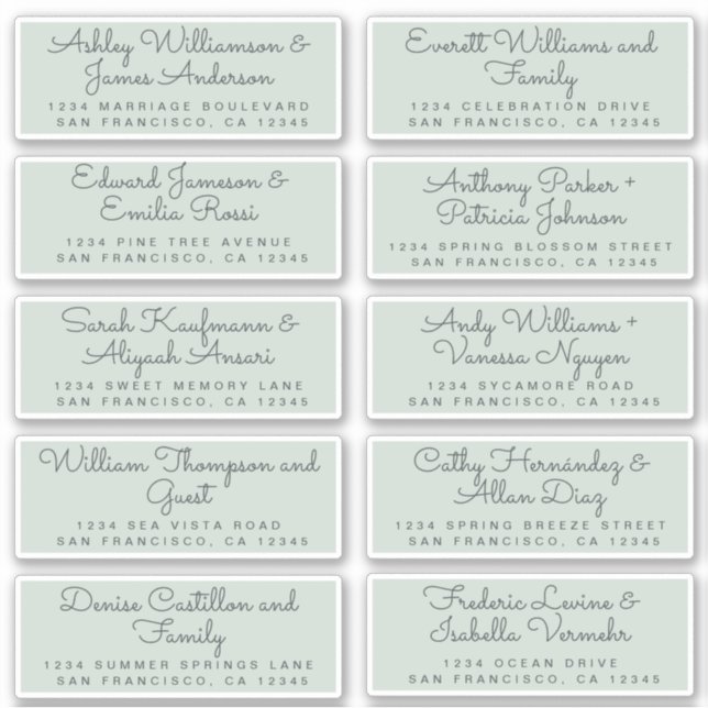 Chic Calligraphy Pastel Green Guest Address Labels (Front)