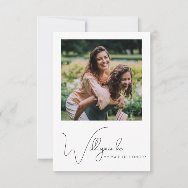 Chic Calligraphy Photo Maid of Honor Proposal Card (Front)