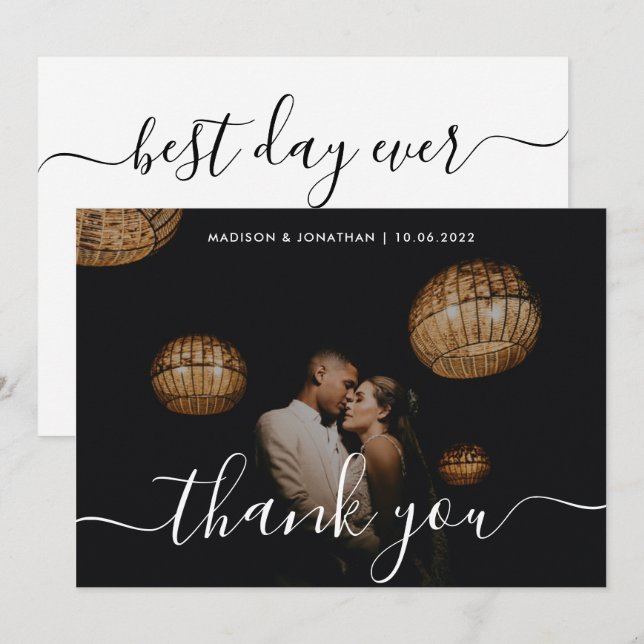 Chic Calligraphy Photo Overlay Wedding Thank You Card (Front/Back)