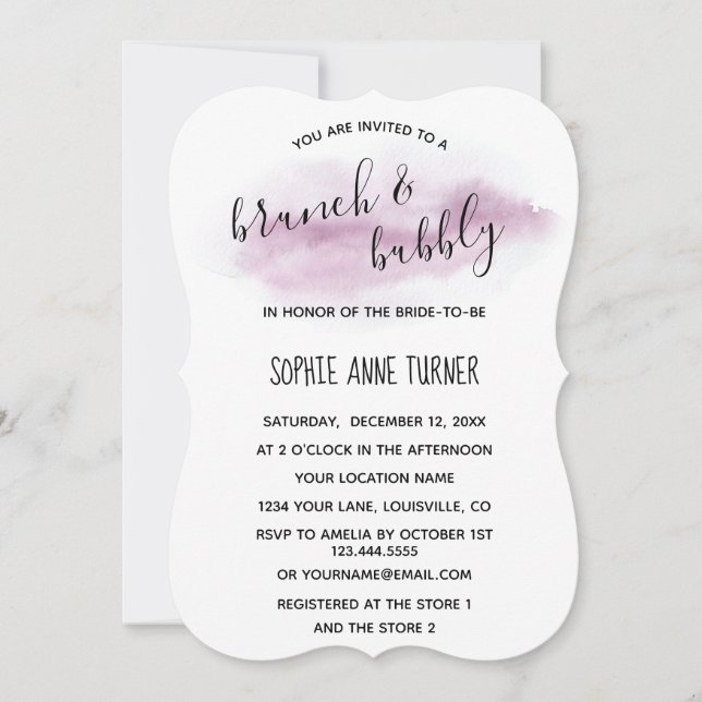 Chic Calligraphy Pink Watercolour Brunch & Bubbly Invitation (Front)