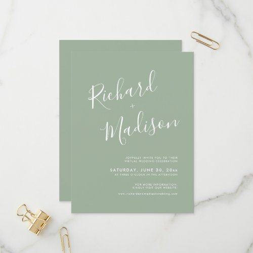 Chic Calligraphy Sage Green Photo Virtual Wedding Invitation Postcard