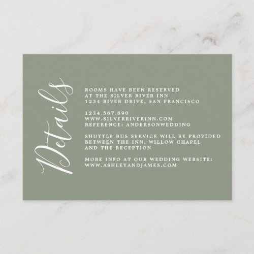 Chic Calligraphy Sage Green Wedding Details Enclosure Card