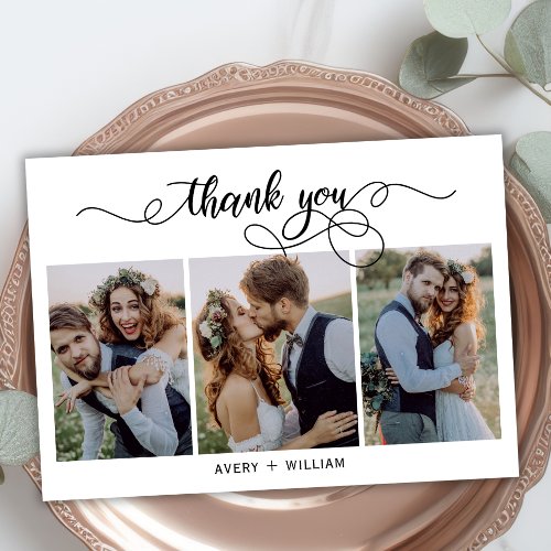 Chic Calligraphy Script 3 Photo Collage Wedding Thank You Card