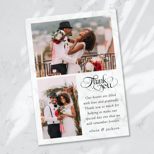 Chic Calligraphy Script Marble Photo Wedding Thank You Card