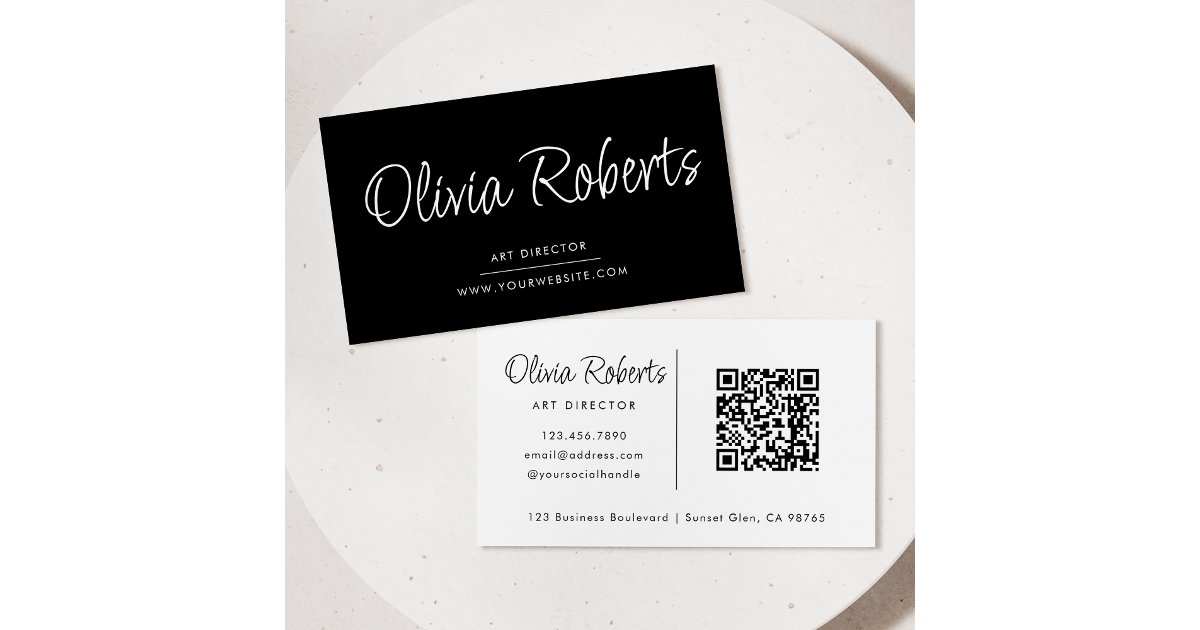 Chic Calligraphy Script Modern Black White QR Code Business Card | Zazzle