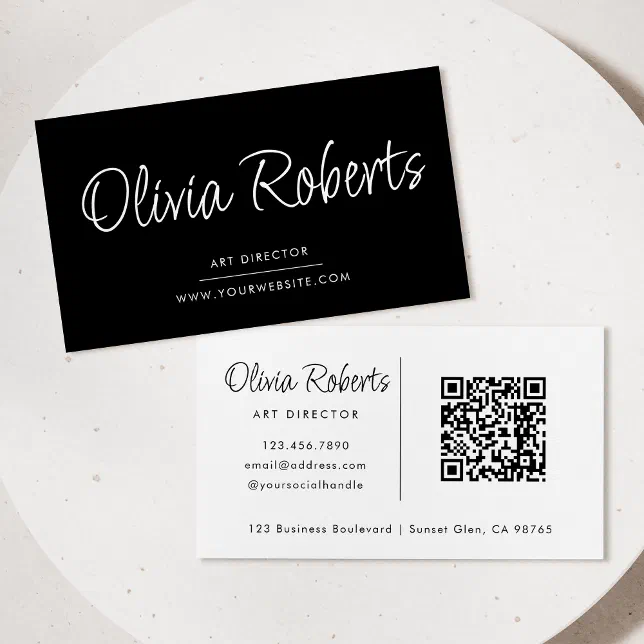 Chic Calligraphy Script Modern Black White QR Code Business Card | Zazzle