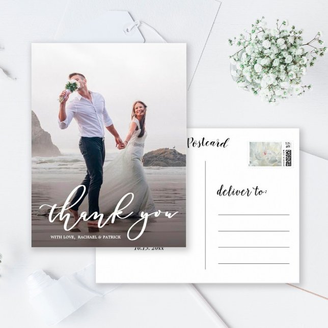 Chic Calligraphy Script Wedding Thank You Photo Postcard (Creator Uploaded)