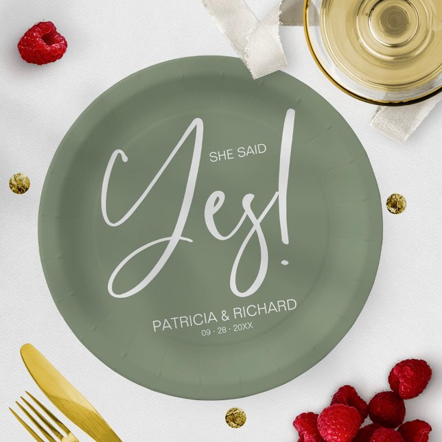 Chic Calligraphy She Said Yes Engagement Party Paper Plates (Creator Uploaded)