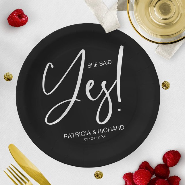 Chic Calligraphy She Said Yes Engagement Party Paper Plates (Creator Uploaded)