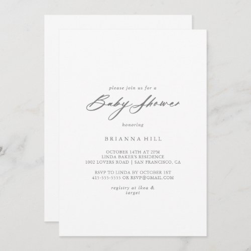Chic Calligraphy Silver Baby Shower  Invitation