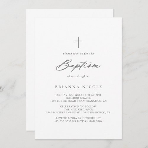 Chic Calligraphy Silver Baptism  Invitation