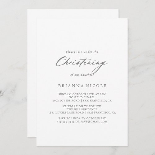 Chic Calligraphy Silver Christening  Invitation