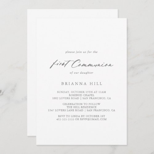 Chic Calligraphy Silver First Communion  Invitation