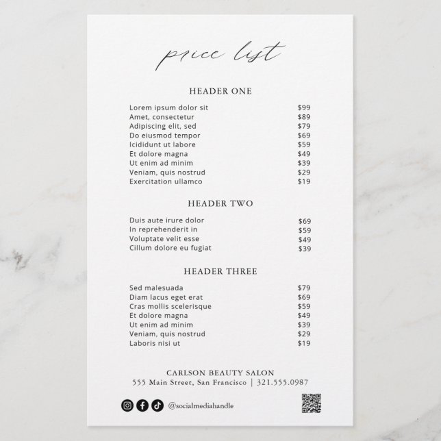 Chic Calligraphy Simple Elegant Price List (Front)