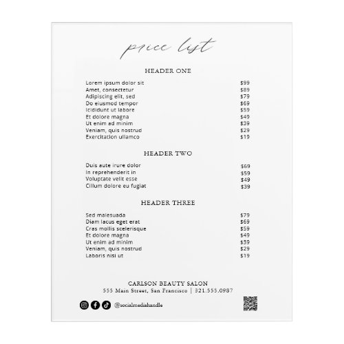 Chic Calligraphy Simple Elegant Price List Acrylic Print