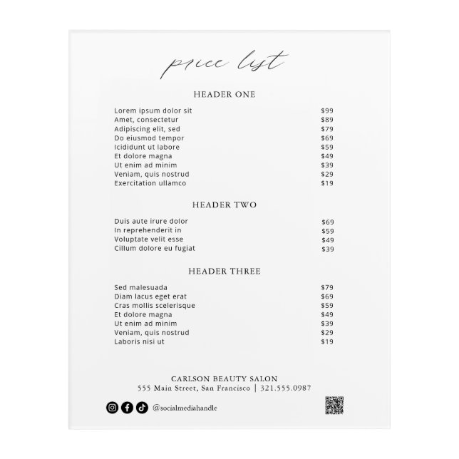 Chic Calligraphy Simple Elegant Price List Acrylic Print (Front)