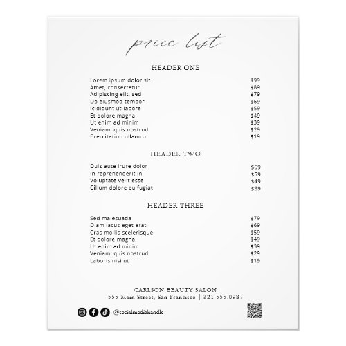 Chic Calligraphy Simple Elegant Price List Photo Print