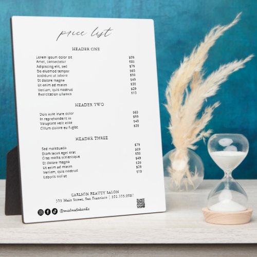 Chic Calligraphy Simple Elegant Price List Plaque