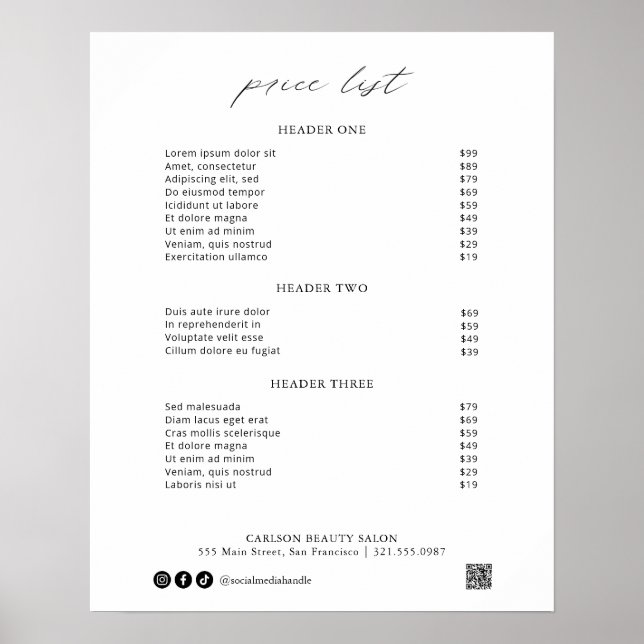 Chic Calligraphy Simple Elegant Price List Poster (Front)