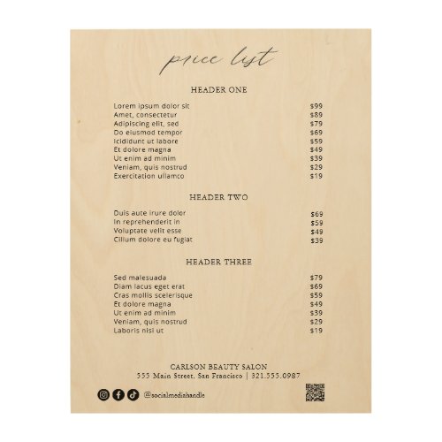 Chic Calligraphy Simple Elegant Price List Wood Wall Art