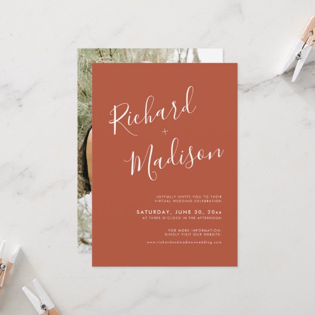 Chic Calligraphy Terracotta Photo Virtual Wedding Invitation (Front/Back In Situ)