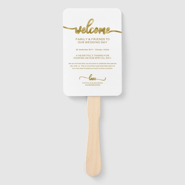 Chic Calligraphy Wedding Day Timeline Hand Fan (Front)