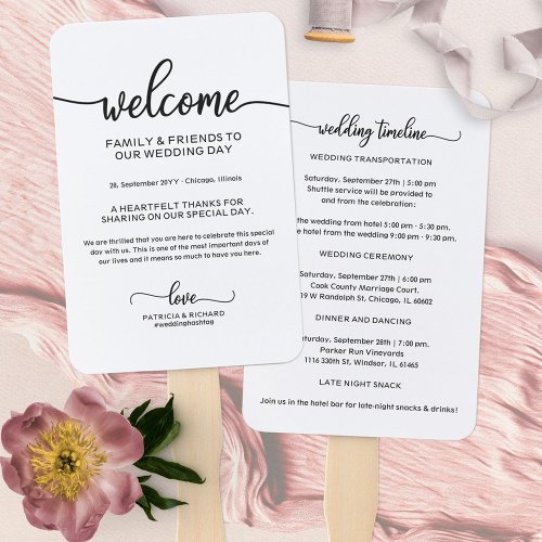 Chic Calligraphy Wedding Day Timeline Hand Fan