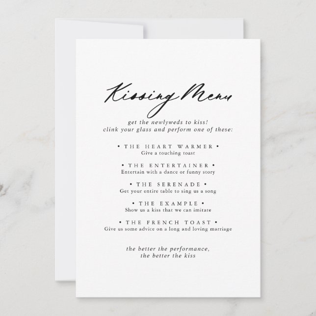 Chic Calligraphy Wedding Kissing Menu Game Card (Front)