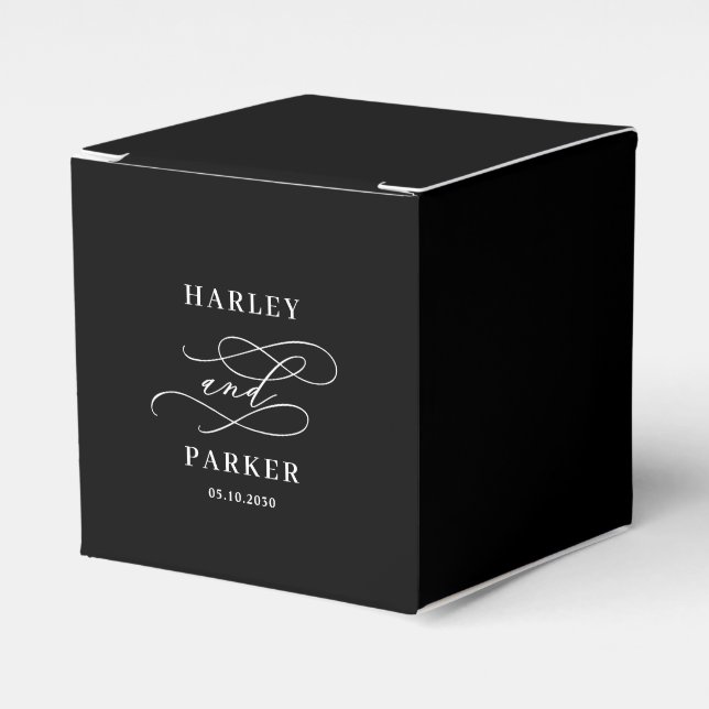 Chic Calligraphy Wedding Rehearsal Engagement Favor Boxes (Front Side)