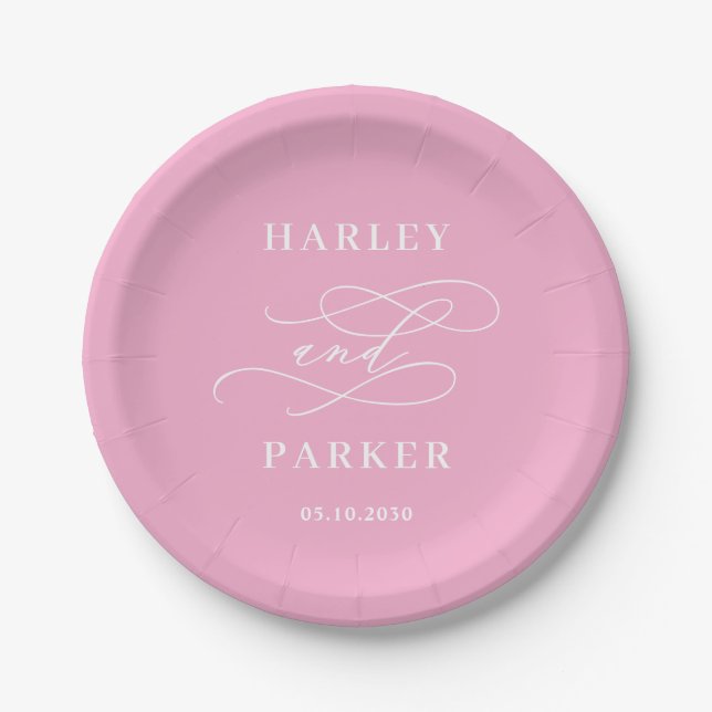 Chic Calligraphy Wedding Rehearsal Engagement Paper Plates (Front)