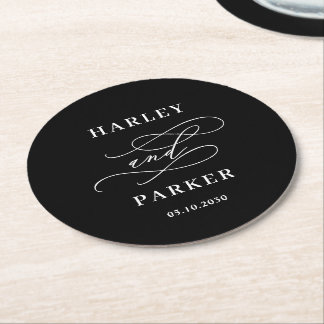 Chic Calligraphy Wedding Rehearsal Engagement Round Paper Coaster