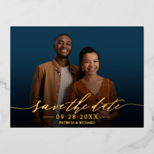 Chic Calligraphy Wedding Save The Date Photo Foil Holiday Postcard