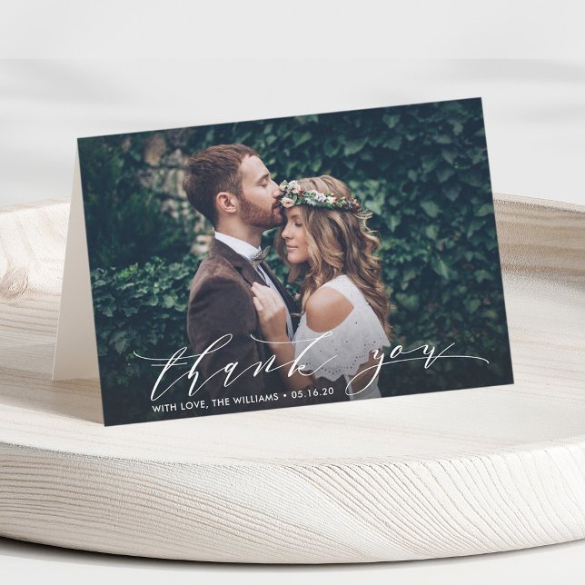 Chic Calligraphy Wedding Thank You Photo Card (Creator Uploaded)