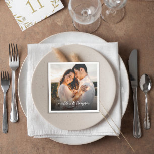 Chic Calligraphy White Overlay Text Photo Wedding Napkins