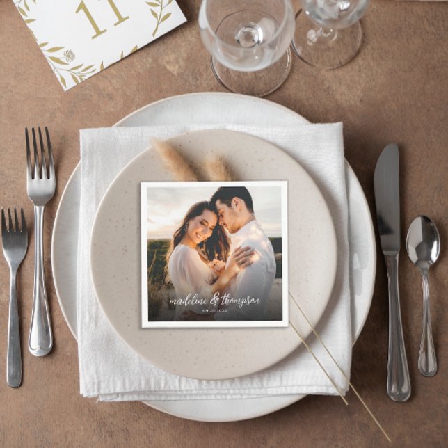 Chic Calligraphy White Overlay Text Photo Wedding Napkins (Creator Uploaded)